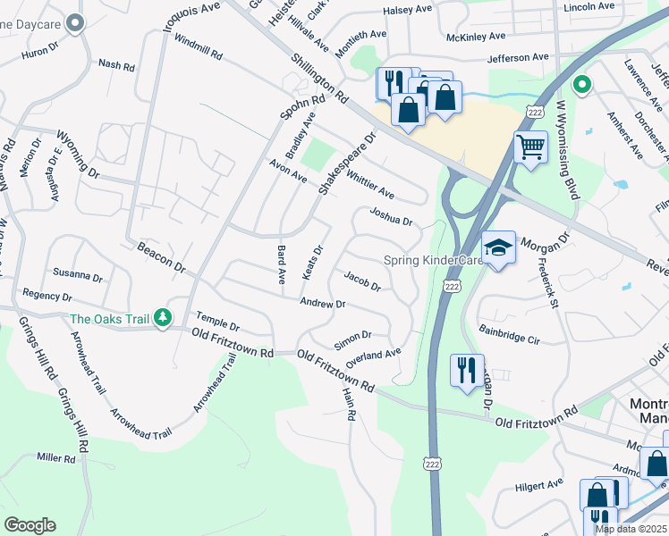map of restaurants, bars, coffee shops, grocery stores, and more near 2510 Goddard Avenue in Reading