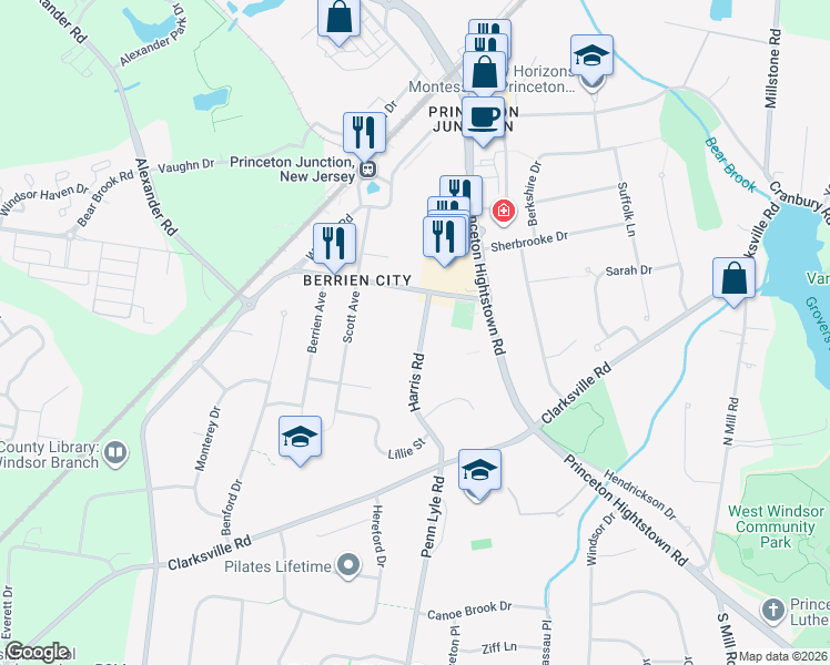 map of restaurants, bars, coffee shops, grocery stores, and more near 104 Harris Road in West Windsor Township