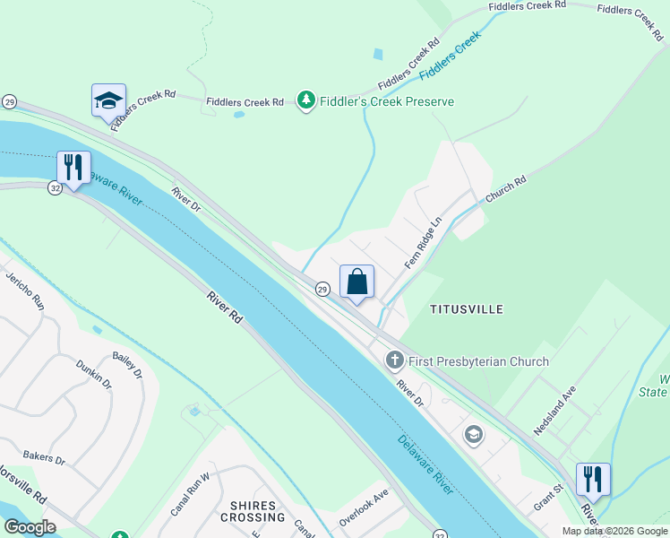 map of restaurants, bars, coffee shops, grocery stores, and more near 32 Wildwood Way in Hopewell Township
