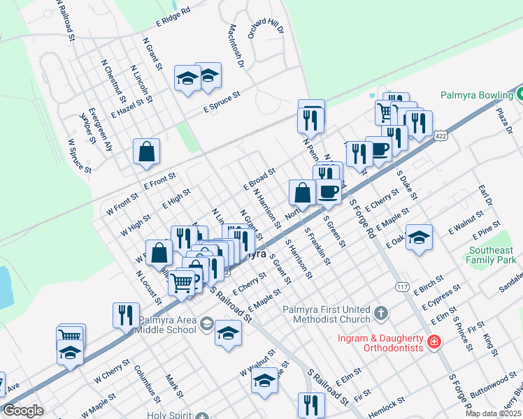 map of restaurants, bars, coffee shops, grocery stores, and more near 120 North Grant Street in Palmyra