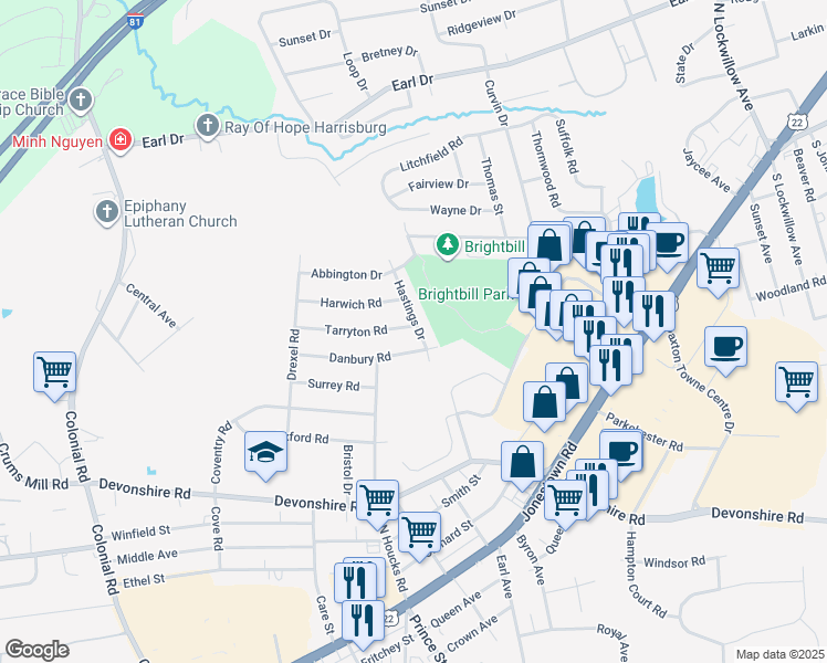 map of restaurants, bars, coffee shops, grocery stores, and more near 610 Hastings Dr in Harrisburg