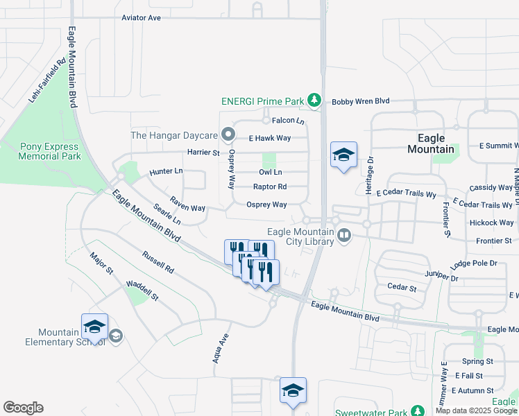 map of restaurants, bars, coffee shops, grocery stores, and more near 1378 East Osprey Way in Eagle Mountain