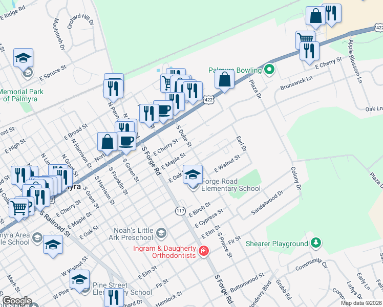 map of restaurants, bars, coffee shops, grocery stores, and more near 842 East Maple Street in Palmyra