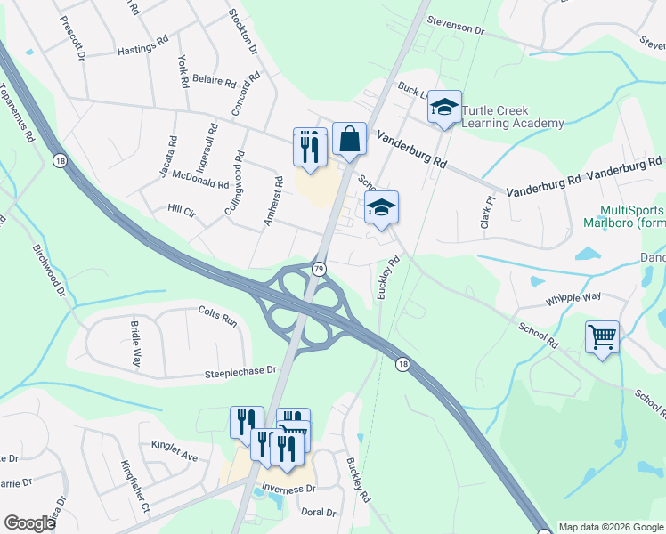 map of restaurants, bars, coffee shops, grocery stores, and more near 19 South Main Street in Marlboro