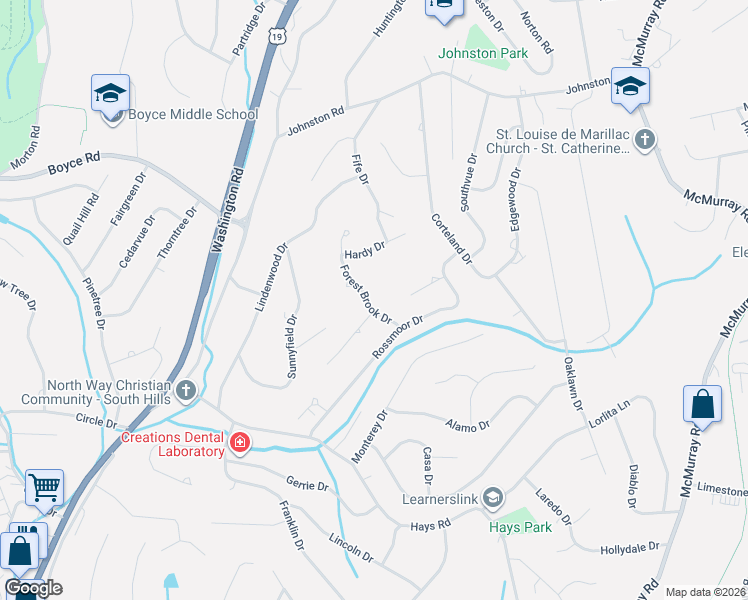 map of restaurants, bars, coffee shops, grocery stores, and more near 2551 Forest Brook Drive in Pittsburgh