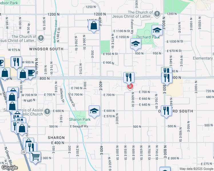 map of restaurants, bars, coffee shops, grocery stores, and more near 757 450 East in Orem