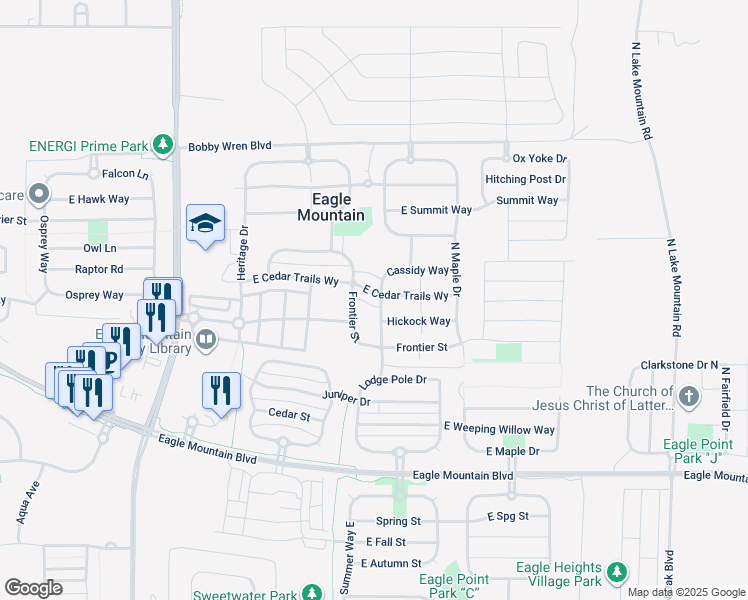 map of restaurants, bars, coffee shops, grocery stores, and more near 2028 Cedar Trails Way North in Eagle Mountain