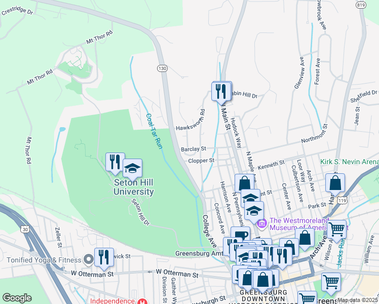 map of restaurants, bars, coffee shops, grocery stores, and more near 222 Barclay Street in Greensburg