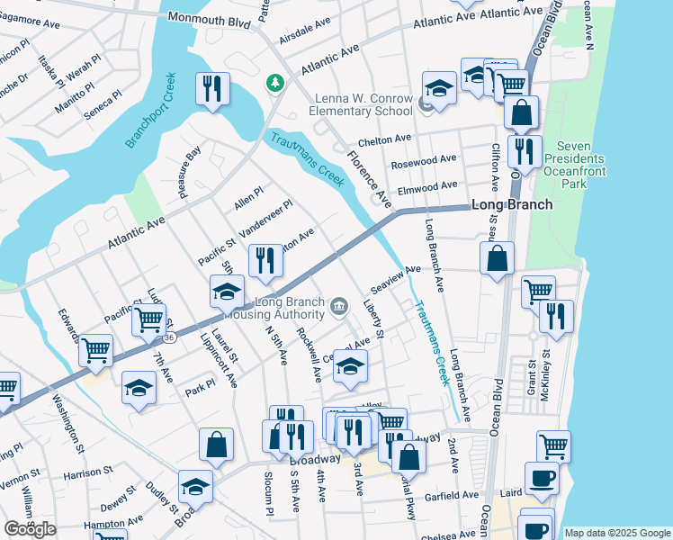 map of restaurants, bars, coffee shops, grocery stores, and more near 222 Joline Avenue in Long Branch