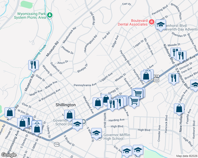 map of restaurants, bars, coffee shops, grocery stores, and more near 1823 Liggett Avenue in Reading