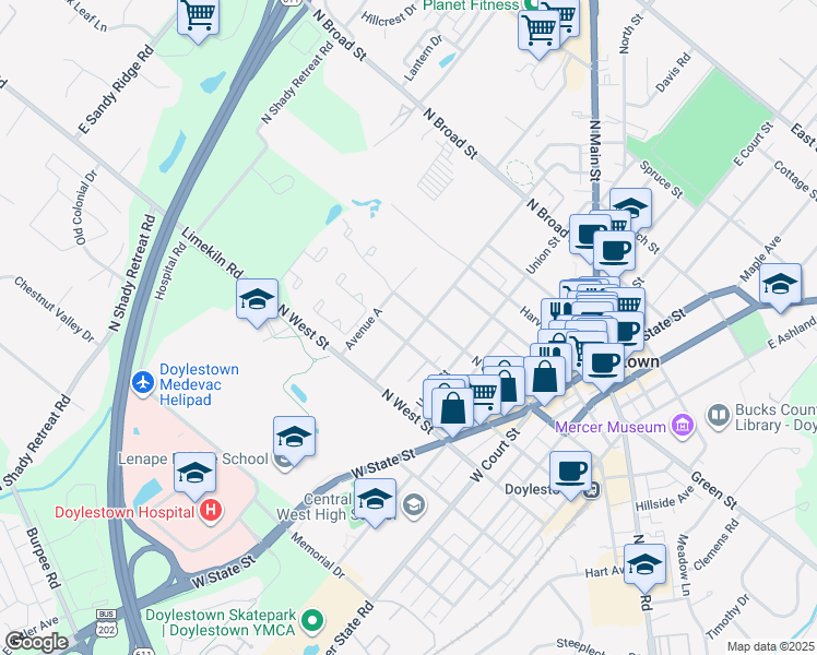 map of restaurants, bars, coffee shops, grocery stores, and more near 327 Doyle Street in Doylestown