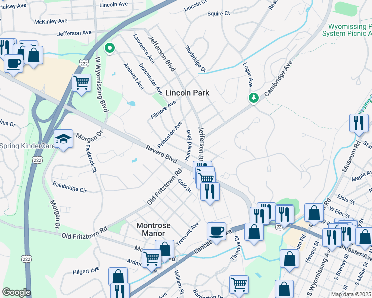 map of restaurants, bars, coffee shops, grocery stores, and more near 102 Harvard Boulevard in Reading