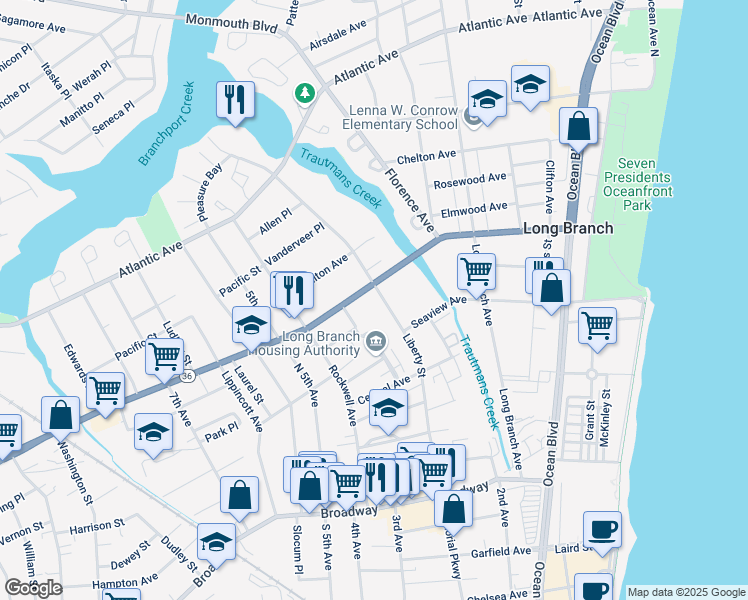 map of restaurants, bars, coffee shops, grocery stores, and more near 222 Joline Avenue in Long Branch
