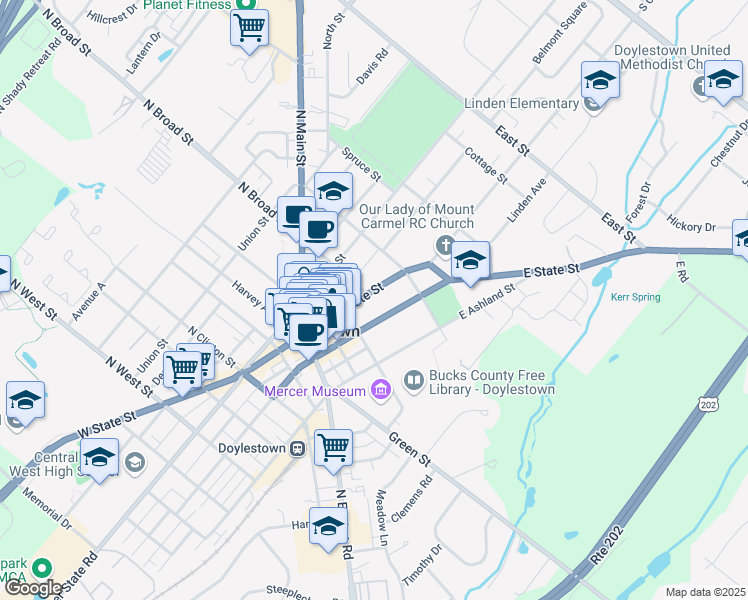 map of restaurants, bars, coffee shops, grocery stores, and more near 112 East State Street in Doylestown