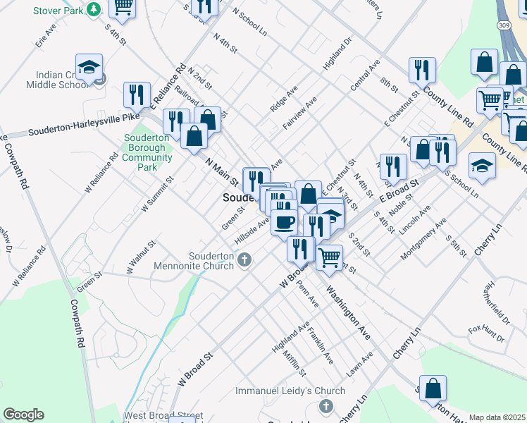 map of restaurants, bars, coffee shops, grocery stores, and more near 142 North Main Street in Souderton