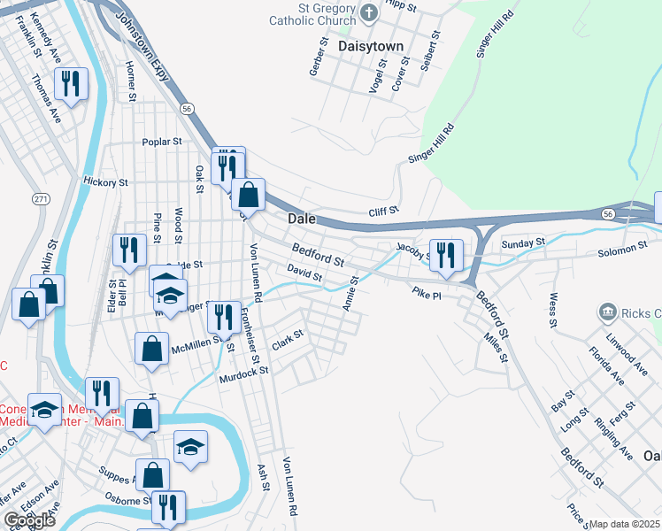 map of restaurants, bars, coffee shops, grocery stores, and more near 261 David Street in Johnstown