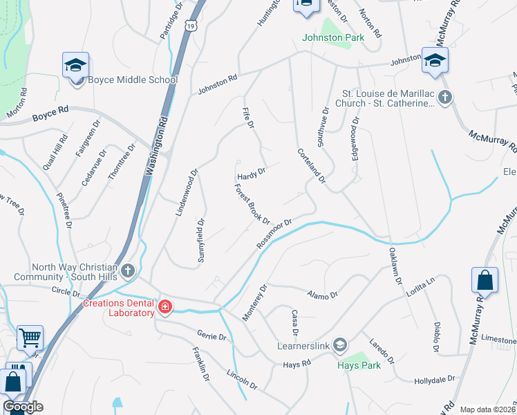 map of restaurants, bars, coffee shops, grocery stores, and more near 2551 Forest Brook Drive in Pittsburgh