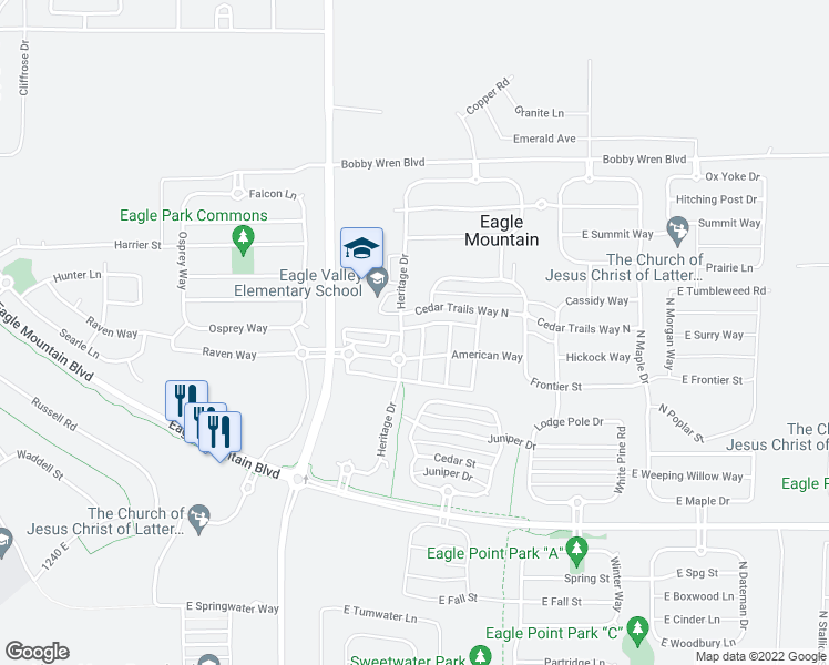 map of restaurants, bars, coffee shops, grocery stores, and more near 2 American Way in Eagle Mountain