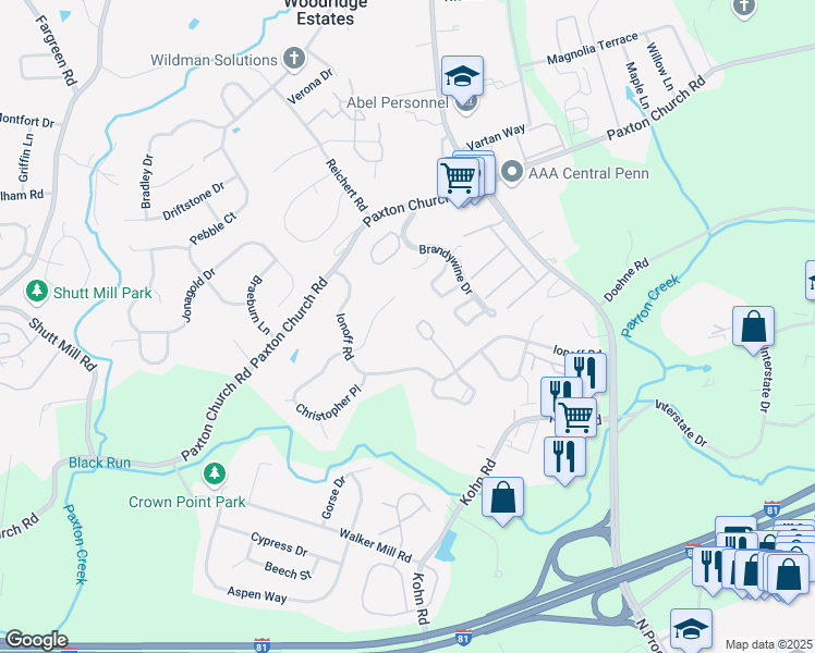 map of restaurants, bars, coffee shops, grocery stores, and more near 2830 Buxton Road in Harrisburg