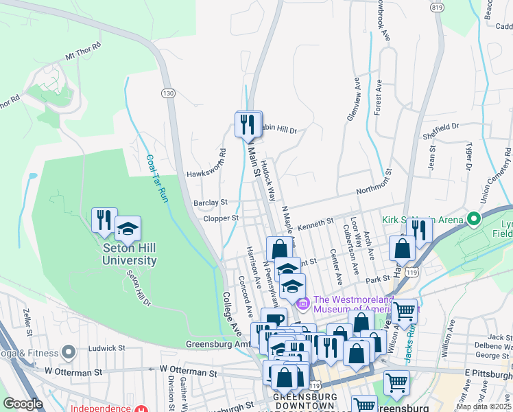 map of restaurants, bars, coffee shops, grocery stores, and more near 12 Barclay St in Greensburg