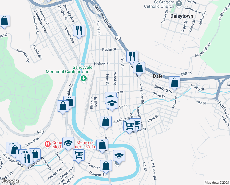 map of restaurants, bars, coffee shops, grocery stores, and more near 298 Golde St in Johnstown