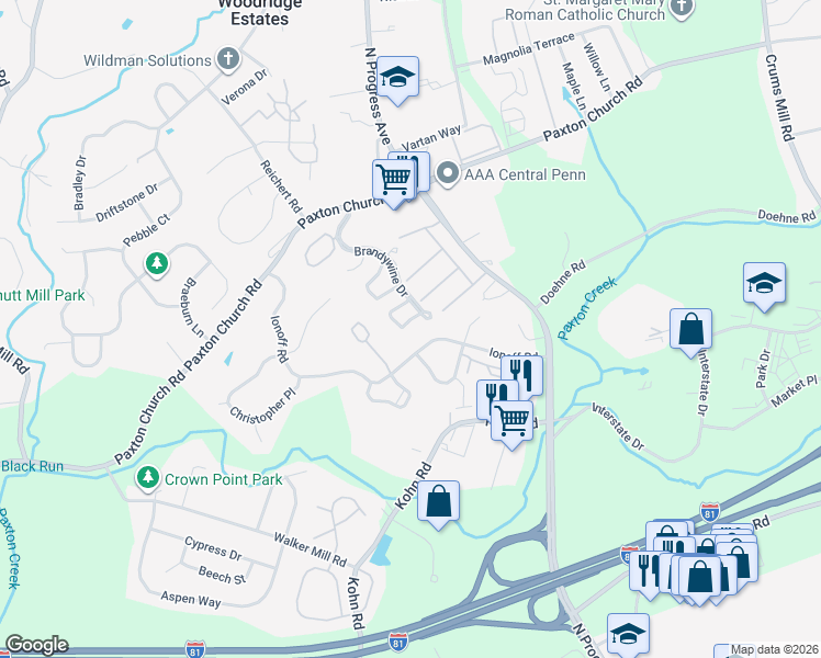 map of restaurants, bars, coffee shops, grocery stores, and more near 2267 Highland Cir in Harrisburg