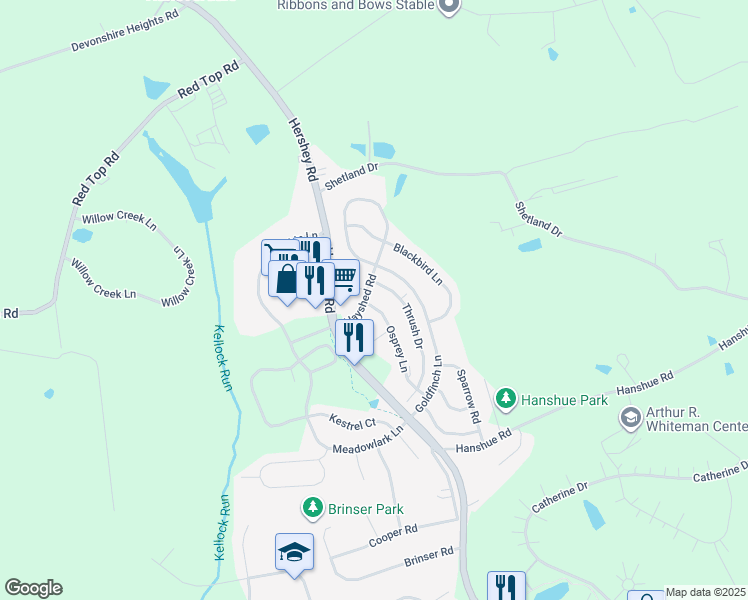 map of restaurants, bars, coffee shops, grocery stores, and more near 262 Osprey Lane in Hummelstown