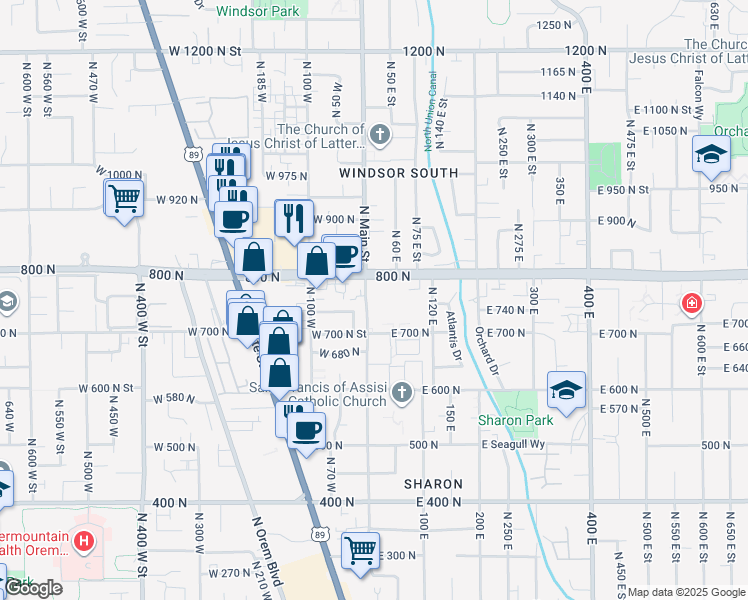 map of restaurants, bars, coffee shops, grocery stores, and more near 750 North Main Street in Orem