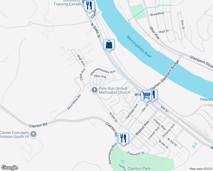 map of restaurants, bars, coffee shops, grocery stores, and more near 408 Dahlia Way in Clairton