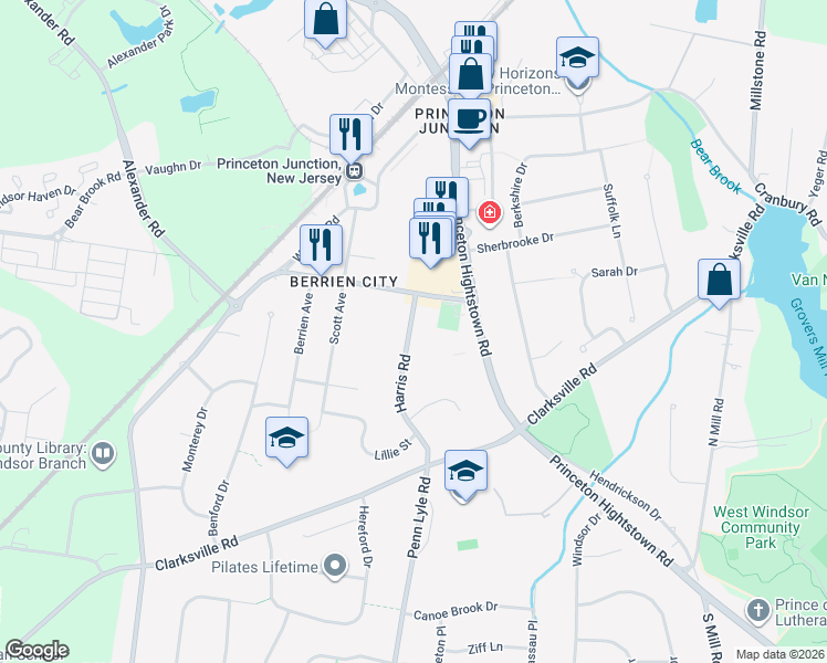 map of restaurants, bars, coffee shops, grocery stores, and more near 104 Harris Road in West Windsor Township