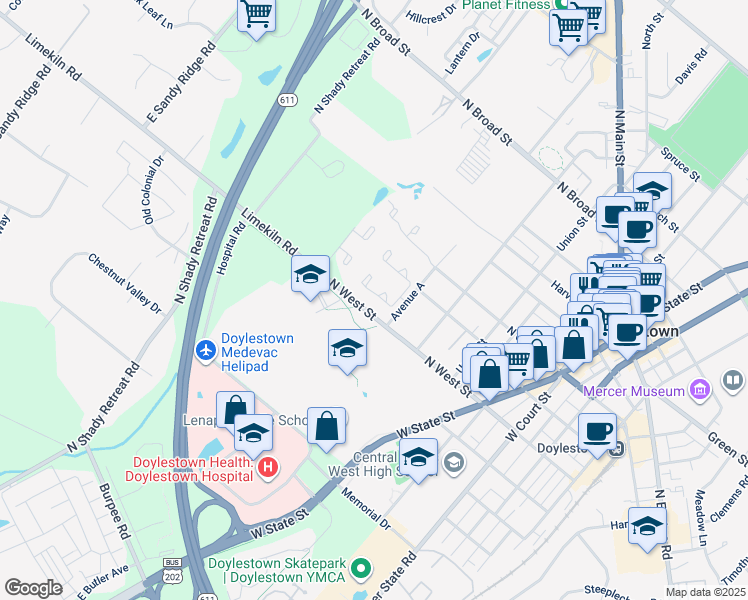 map of restaurants, bars, coffee shops, grocery stores, and more near 139 Westbury Court in Doylestown