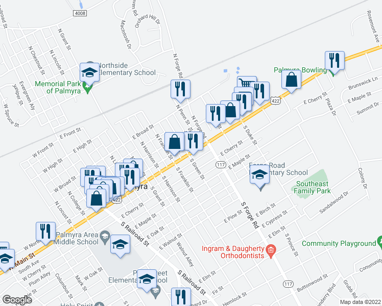 map of restaurants, bars, coffee shops, grocery stores, and more near 603 East Main Street in Palmyra