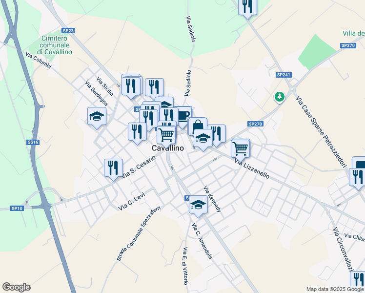 map of restaurants, bars, coffee shops, grocery stores, and more near 33 Via Principe di Piemonte in Cavallino
