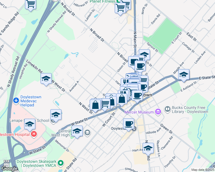 map of restaurants, bars, coffee shops, grocery stores, and more near 224 Union Street in Doylestown