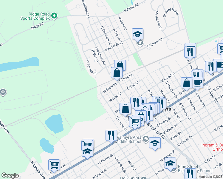 map of restaurants, bars, coffee shops, grocery stores, and more near 320E North College Street in Palmyra