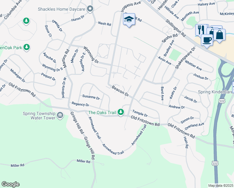 map of restaurants, bars, coffee shops, grocery stores, and more near 2801 Knoll Way in Sinking Spring