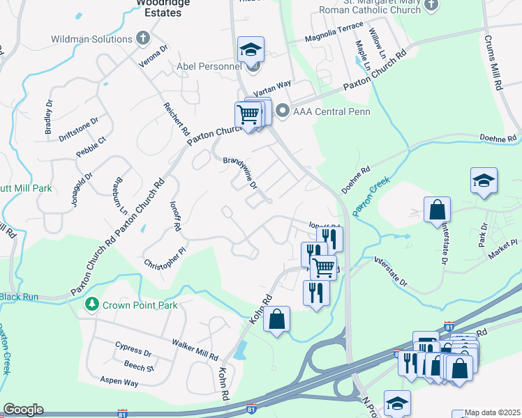 map of restaurants, bars, coffee shops, grocery stores, and more near Buxton Court in Harrisburg