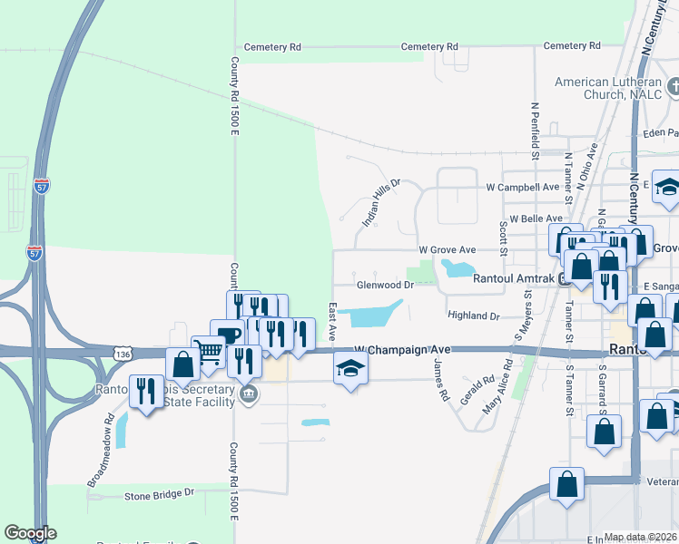 map of restaurants, bars, coffee shops, grocery stores, and more near 110 East Avenue in Rantoul