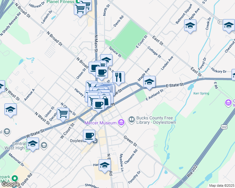 map of restaurants, bars, coffee shops, grocery stores, and more near 106 East State Street in Doylestown