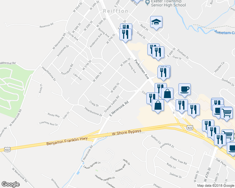 map of restaurants, bars, coffee shops, grocery stores, and more near 216 Grande Valley Road in Reading