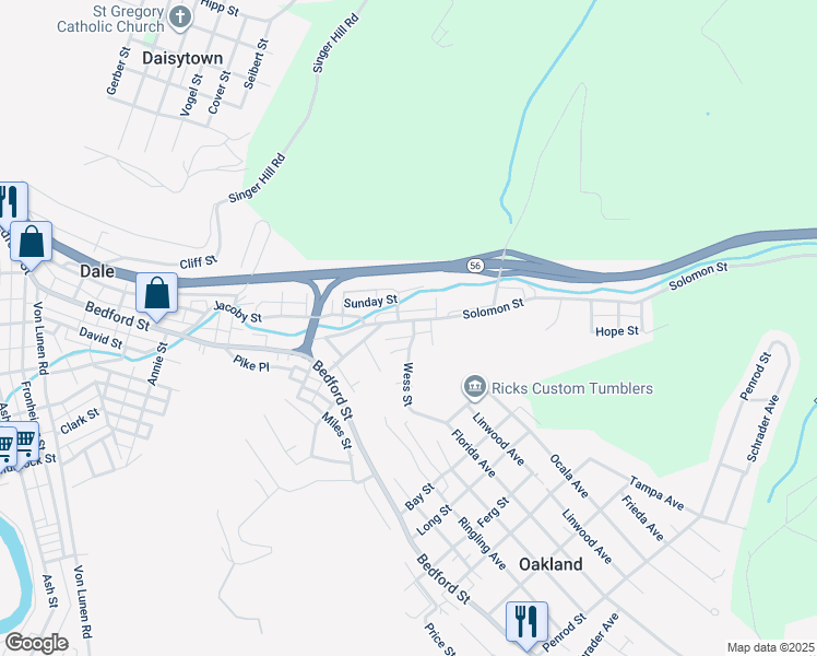 map of restaurants, bars, coffee shops, grocery stores, and more near 1148 Solomon Street in Johnstown