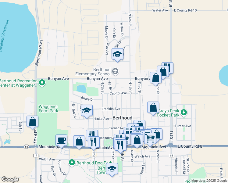 map of restaurants, bars, coffee shops, grocery stores, and more near 580 Capitol Avenue in Berthoud