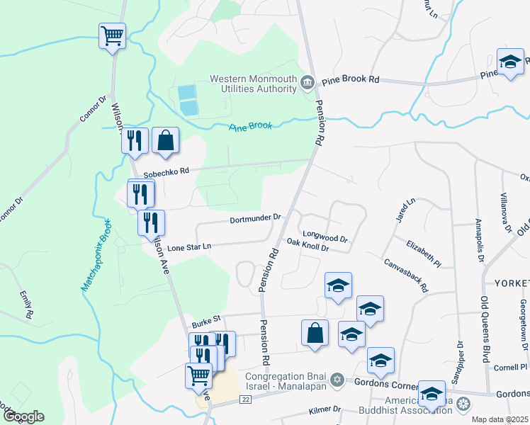 map of restaurants, bars, coffee shops, grocery stores, and more near 56 Dortmunder Drive in Manalapan Township