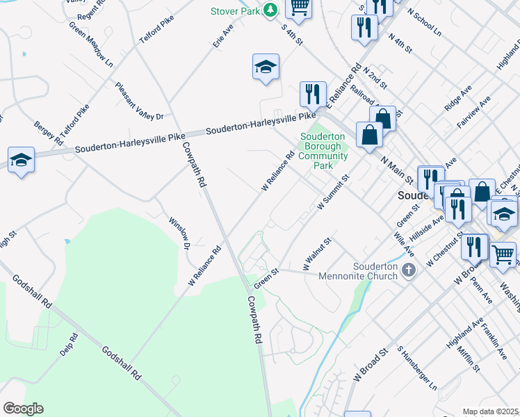 map of restaurants, bars, coffee shops, grocery stores, and more near 230 West Reliance Road in Souderton