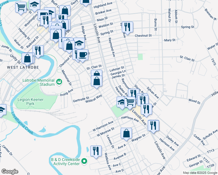 map of restaurants, bars, coffee shops, grocery stores, and more near 331 Gertrude Street in Latrobe