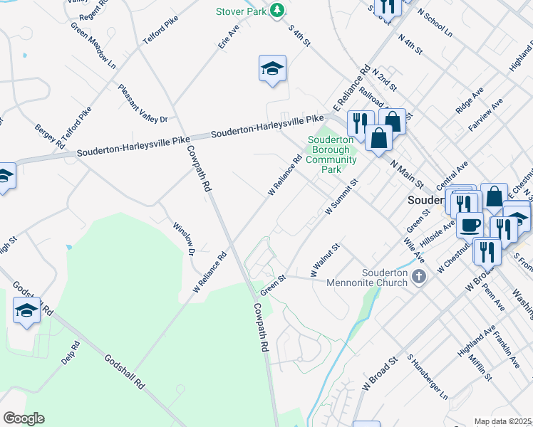 map of restaurants, bars, coffee shops, grocery stores, and more near 230 West Reliance Road in Souderton