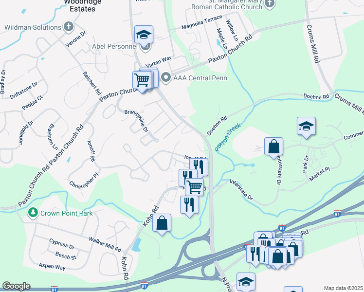 map of restaurants, bars, coffee shops, grocery stores, and more near 2709 Gateway Court in Harrisburg