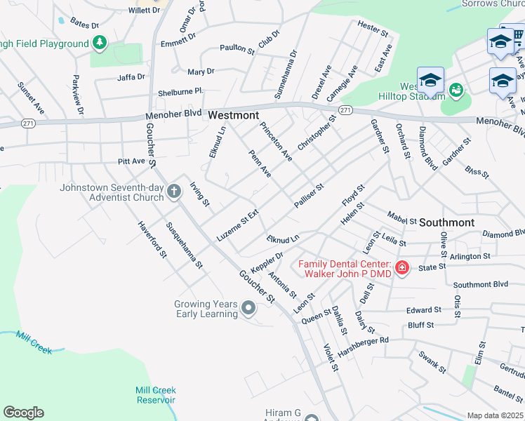 map of restaurants, bars, coffee shops, grocery stores, and more near 1541 Luzerne Street Extension in Johnstown