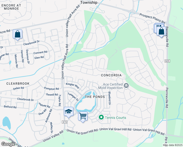 map of restaurants, bars, coffee shops, grocery stores, and more near 2A Spaulding Drive in Monroe Township
