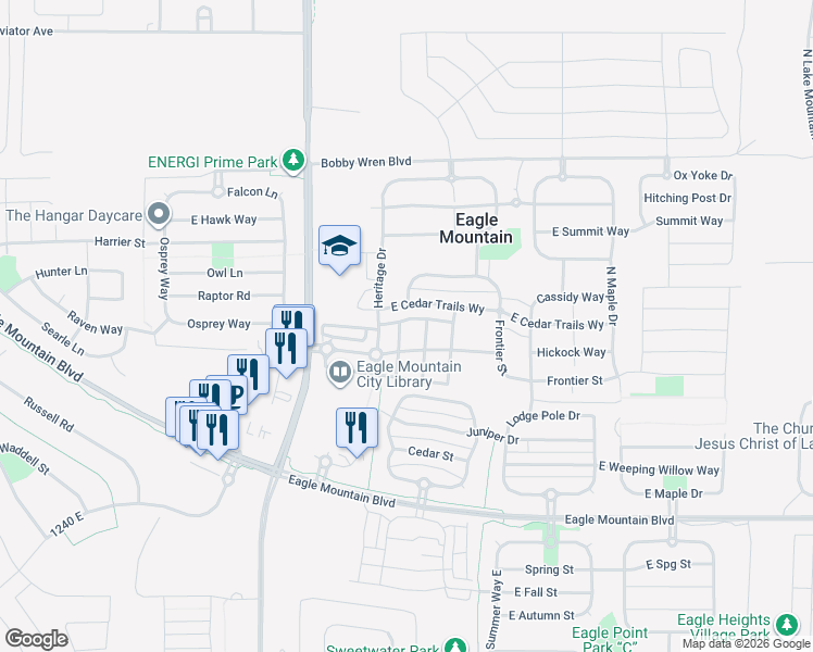 map of restaurants, bars, coffee shops, grocery stores, and more near 1805-2 East American Way in Eagle Mountain